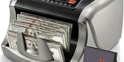 ENGiNDOT Máquina contadora de dinero con detección de falsificación de imagen UV/MG/IR/DBL/HLF/CHN/DD, gran pantalla LED para contadora de billetes con abundantes accesorios (plata)