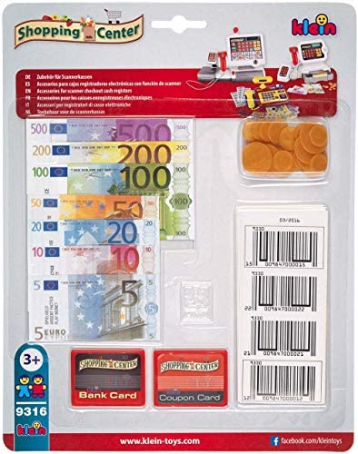 Theo Klein 9316 Kit de accesorios para cajas registradoras |  Incluye dinero de juguete, tarjeta bancaria y codices de barras |  Juguetes para niños a partir de 3 años