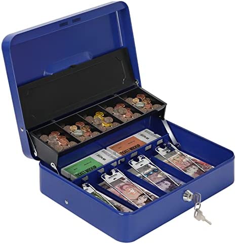 HAITRAL Caja de metal con bandeja de dinero y cerradura, caja de efectivo azul con cerradura de llave, caja registradora grande para dinero y monedas
