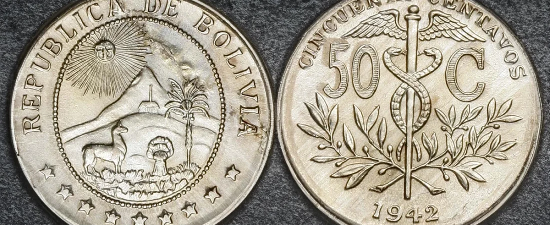 Bolivia 1942 50 Centavos choca con plancha de níquel de guerra de EE.UU.