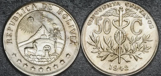 Bolivia 1942 50 Centavos choca con plancha de níquel de guerra de EE.UU.